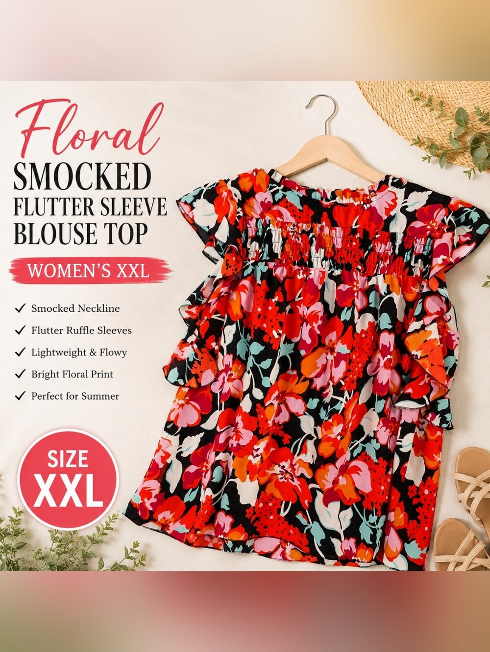 Floral Smocked Sleeveless Flutter Sleeve Blouse Colorful Summer Size XXL